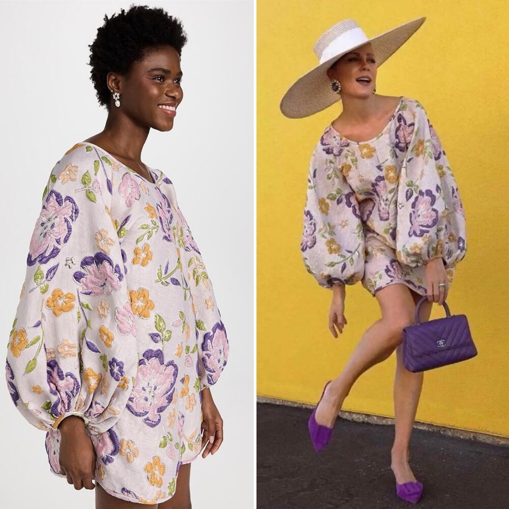 Ariane Elmy Good Luck Dress Silver Purple Floral Balloon Brocade Sleeve Mini M
